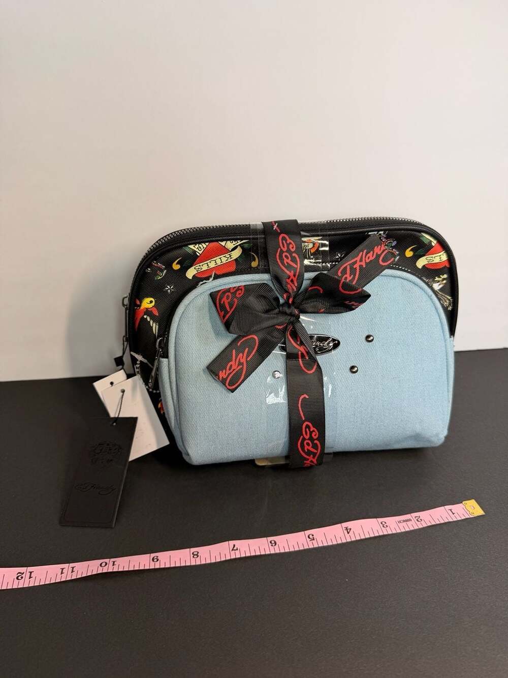 Ed Hardy Tattoo Print & Light Blue Denim 2pc Cosmetic Bag Set